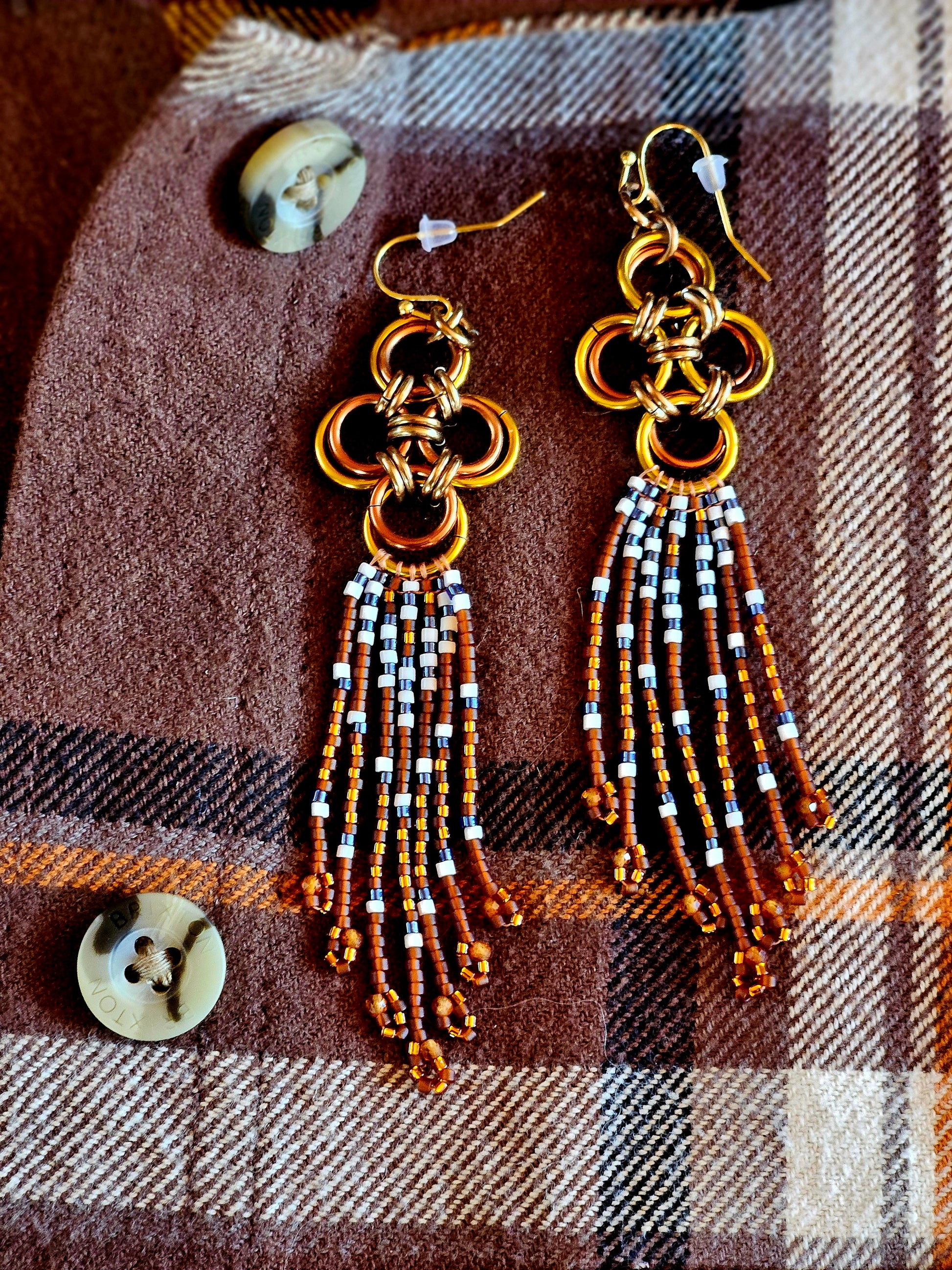 Handcrafted Bronze Japanese Cross Chain Maille Earrings
