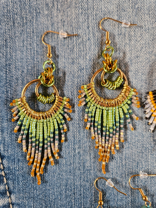 Feather Fringe Earrings with Chartreuse Beads