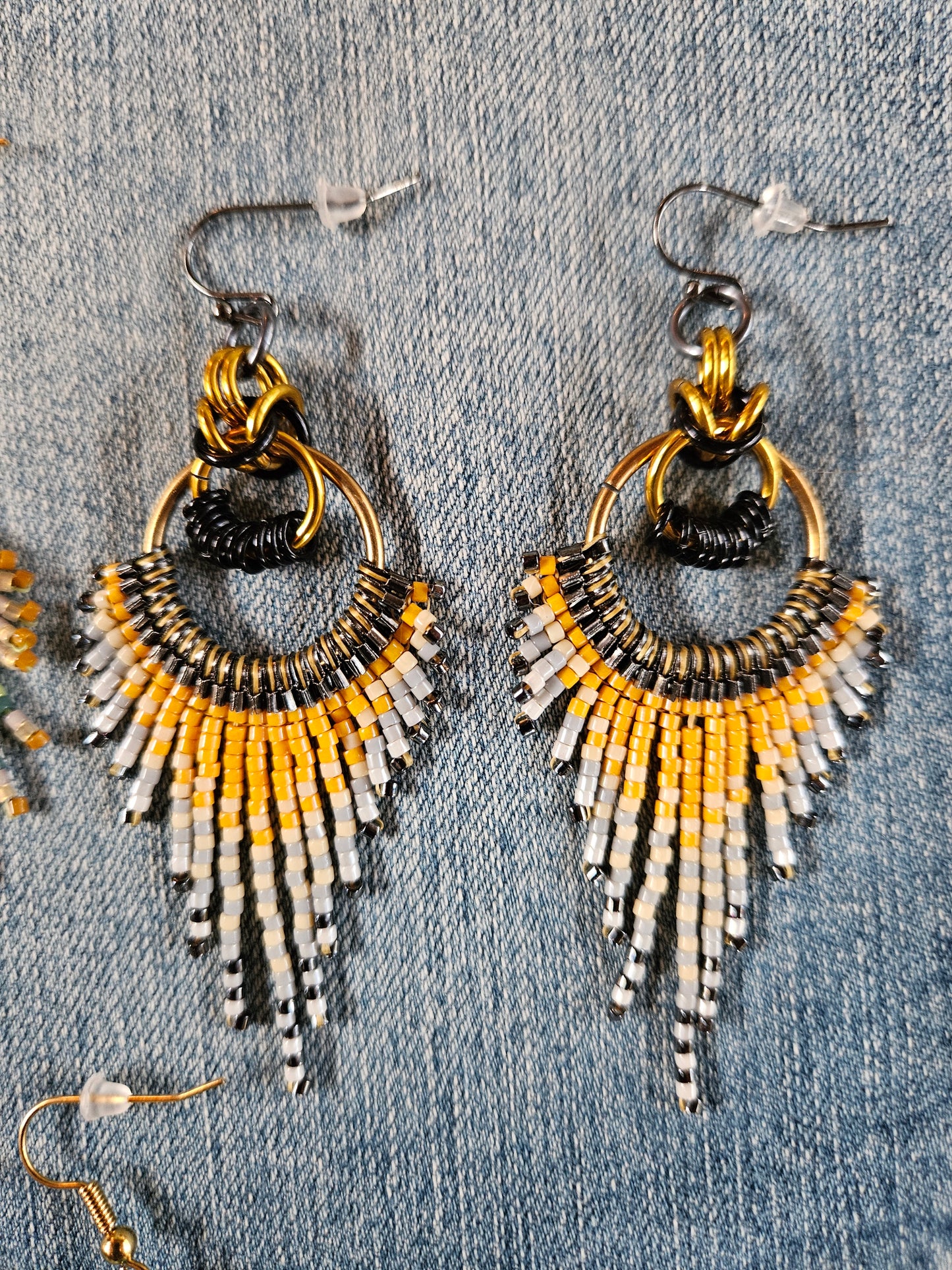 Feather Fringe Earrings with Golden Yellow and Grey