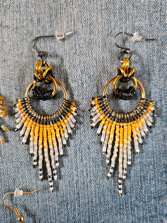 Feather Fringe Earrings with Golden Yellow and Grey