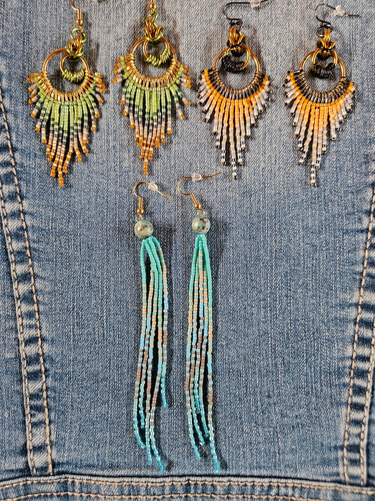 Feather Fringe Earrings with Chartreuse Beads